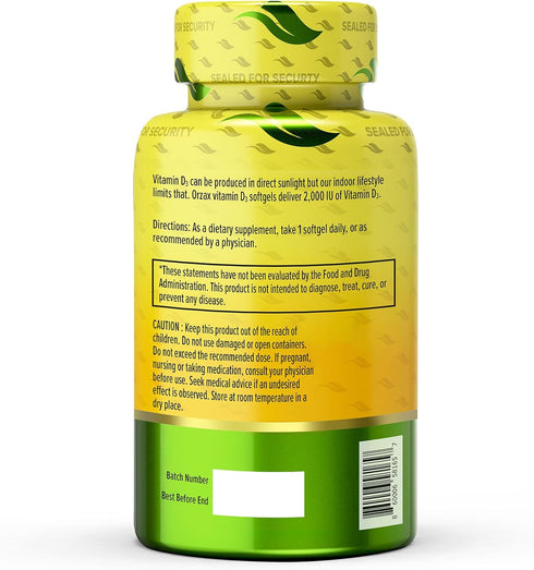 ORZAX Vitamin D3 2000 iu (50 mcg) - 1 Year Supply for Strong Muscle Function and Immune Support - Mood Supplement for Wellness (360 Softgel)...