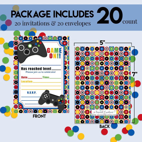 Game On! Video Gamer Birthday Party Fill In Invitations, 20 5"x7" Fill In Cards with Twenty White Envelopes by AmandaCreation...