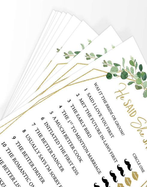 Printed Party Bridal Shower Games – He Said She Said Game with Fun Bride and Groom Trivia, Wedding Shower Activity, Botanical Greenery Theme, 50 G...