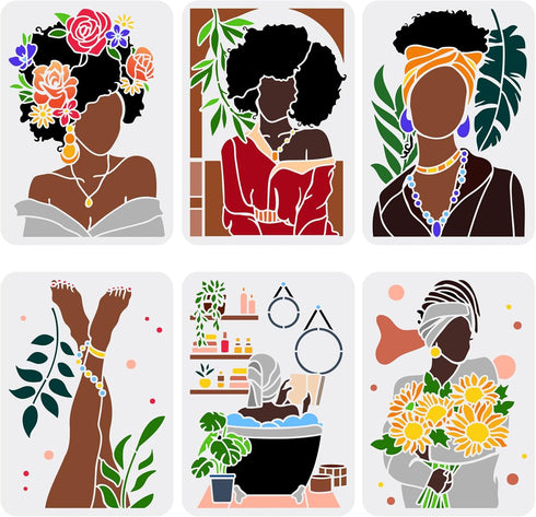 FINGERINSPIRE 6 pcs African Tribal Women Stencils 8.3x11.7inch Reusable African American Painting Stencil Female Silhouette Bathroom Decoration St...
