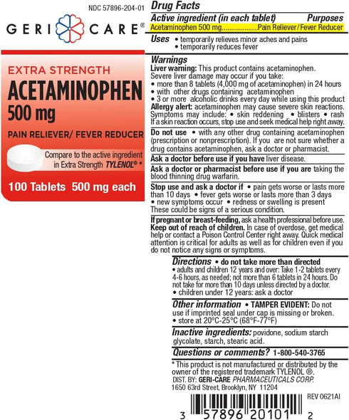 GeriCare Extra Strength Acetaminophen Pain Relief Fever Reducer Tablets, Strength 500mg Tablet | Joint, Muscle, Arthritis, Back Pain Relief 100 Co...