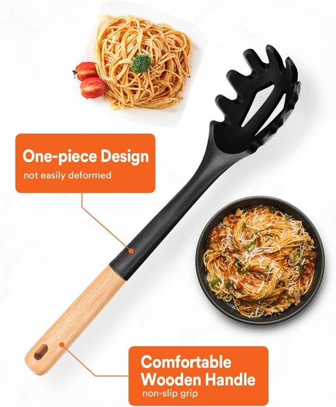 Silicone Pasta Fork, Kitchen Heat Resistant Noodle Spoon Server, BPA Free Spaghetti Strainer,12.8 inch (Black)...