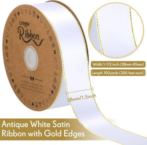 Lyrow 100 Yards White Satin Ribbon with Gold Edges 1.5 Inch Gold Border Fabric Ribbons Funeral Ribbon for Gift Wrapping DIY Crafts Wedding Baby Sh...