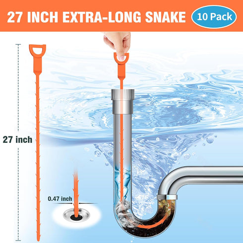 10 Pack 27inch Long Drain Clog Remover, Drain Snake Clog Remover Tool Drain Cleaner Hair Clog Remover Sink Snake Drain Hair Catcher for Shower Kit...