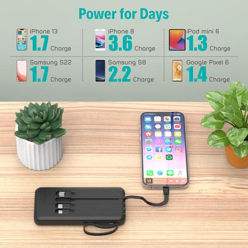 Portable Charger with Built in Cables,10000mAh Slim USB C Power Bank,5 Output 3 Input LED Display High Speed External Battery Pack Travel Phone Ch...