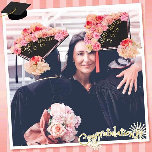ywevyezc 58Pcs Graduation Cap Decoration kit Grad Cap Decoration Graduation Cap Faux Flowers 3D Butterfly Stickers Rhinestones Stickers kit for Gr...