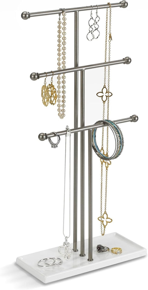 Umbra Trigem Hanging Jewelry Organizer Tiered Tabletop Free Standing Necklace Holder Display, White/Nickel...