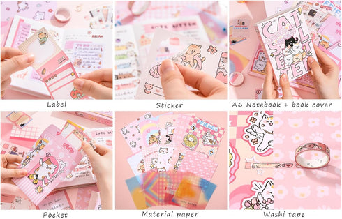 Draupnir Kawaii Pink Cute Cat Scrapbook Kit, Bullet Junk Journal Kit with Journaling/Scrapbooking Supplies, Stationery, A6 Grid Notebook Graph Rul...