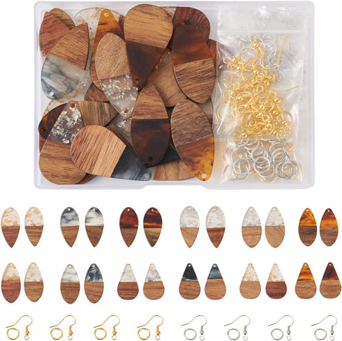 FASHEWELRY Resin Wood Earring Kit with 24Pcs Teardrop Wooden Resin Earring Charms Wood Earring Blanks Earring Findings Open Jump Rings French Earr...