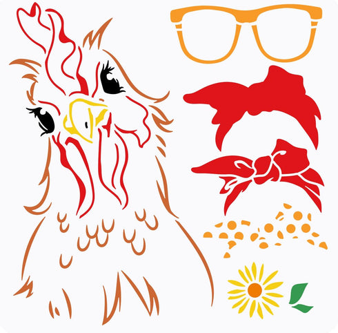 FINGERINSPIRE Chicken Lady Painting Stencil 11.8x11.8 inch Hollow Out Rooster Pattern Drawing Stencil Reusable Bow Tie Eyeglass Frame Flower Craft...