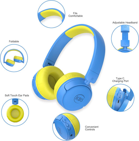 Contixo KB-5 Kids Headphones - Over The Ear Foldable Bluetooth Wireless Headphone for Kids - 85dB with Volume Limited - Toddler Headphones for Boy...