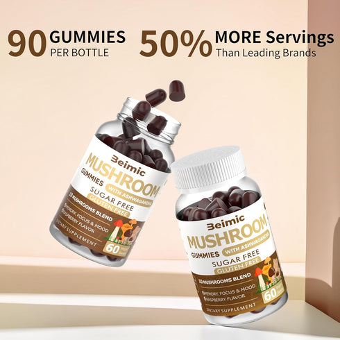 Mushroom Gummies - 10x Mushroom Supplement with Ashwagandha and Lions Mane (120 Chews) Nootropic Brain Supplement, Immune Support & Stress Relief ...