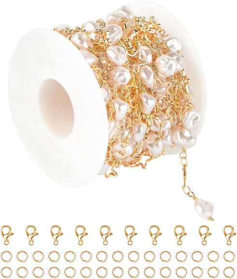 KYUNHOO 13ft Premium Copper Chain for Jewelry Making Gold Plated Brass Chain Roll with Irregular Pearls and Hollow Stars Chain for Women Necklace ...