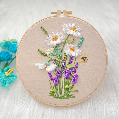 ikasus Embroidery Kit for Adult Beginners, Ribbon Embroidery Stitch Practice Kit Include Embroidery Cloth Hoops Threads for Craft Lover with Embro...