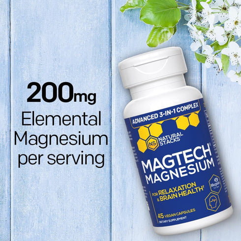 Natural Stacks MagTech Magnesium Supplement - Chelated Magnesium Complex - 3 Forms of Magnesium: Magtein Magnesium L-Threonate, Glycinate & Taurat...