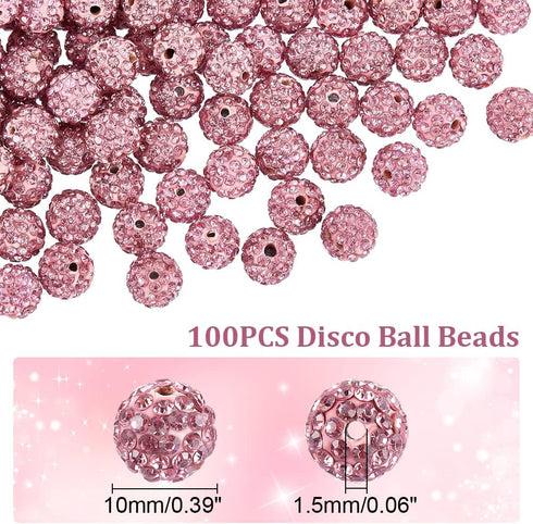 PandaHall 100pcs Pink Rhinestone Beads - 10mm Pink Clay Polymer Crystal Disco Ball Round Diamond Clay Beads for Necklace & Bracelet DIY Crafts...