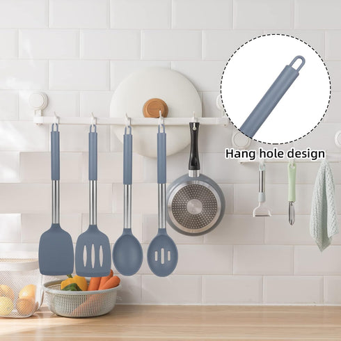 Pack of 2 Silicone Spatula Set - Non Stick Silicone Slotted Turner and Solid Turner - 600°F Heat Resistant Cooking Utensils (Grey Blue)...