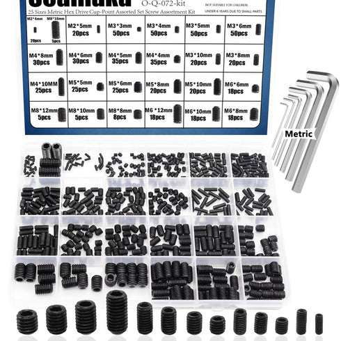 620Pcs M2, M3, M4, M5, M6, M8 Metric Hex Socket Head Cup Point Set Screws (Black),25 Size 12.9 Class Alloy Steel Grub Screw Assortment Kit with 6 ...