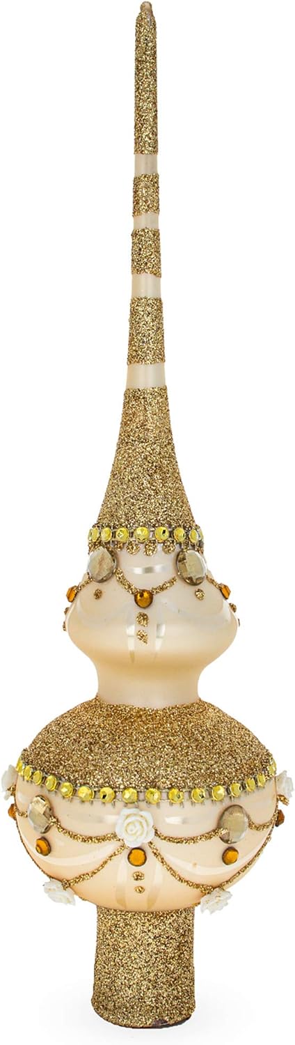 Dimensional Roses on Sparkling Beige Mouth Blown Glass Christmas Tree Topper 11 Inches...