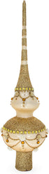 Dimensional Roses on Sparkling Beige Mouth Blown Glass Christmas Tree Topper 11 Inches...