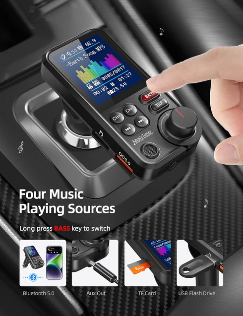 Nulaxy FM Bluetooth Transmitter for Car, Strong Microphone Bluetooth Car Adapter with 1.8" Color Screen for Hands-Free Calls, Supports QC3.0 Charg...