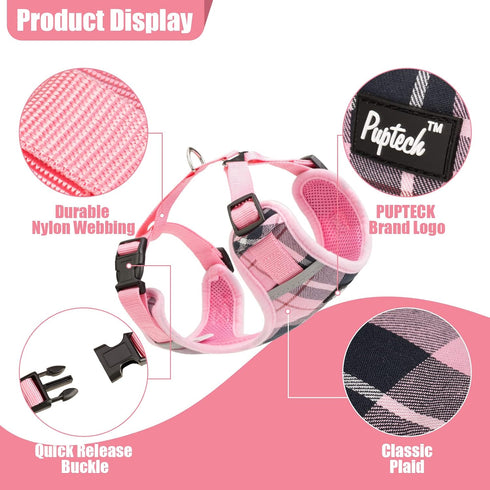 PUPTECK Dog Harness and Leash Collar Set for Small Medium Dogs Puppy and Cats Walking No Pull Adjustable Reflective Soft Mesh Padded Plaid Harness...