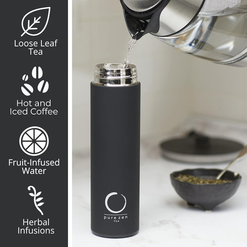 Pure Zen Tea Thermos with Infuser for Hot and Cold Infusions, Coffee and Fruit-Infused Water - Stainless Steel - Tea Infuser Bottle - Leakproof Tr...