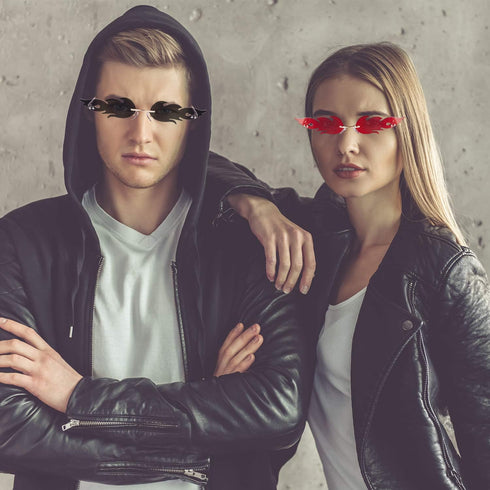 Fire Flame Sunglasses Rimless Flame Shaped Sun Glasses Wave Fire Shaped Glasses for Women Men Party Supplies Photo Props (2 Pairs, Red, Black and ...