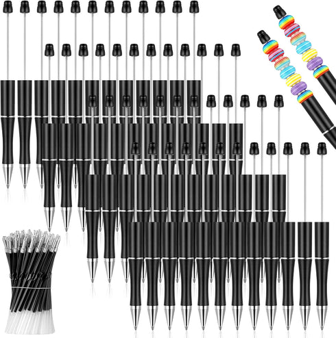 Crtiin 50 Pieces Plastic Beadable Pen Bulk Bead Ballpoint Pen Shaft Black Ink Beaded Pens with 50 Refills for DIY Making Gift Kids Students Office...