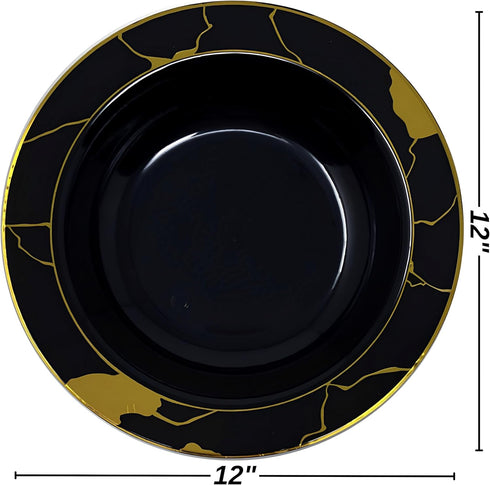 DecorLine Sophisticated Marble Collection Black & Gold Soup Bowls Set - 12" (Pack of 10) - Durable & Stunning - Perfect for Party Hosting & Memora...