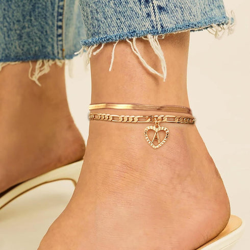YANODA Gold Ankle Bracelets for Women Waterproof, 14k Gold Plated Layered Snake Anklets Figaro Chain Letter Initial Anklets Handmade Heart Ankle B...