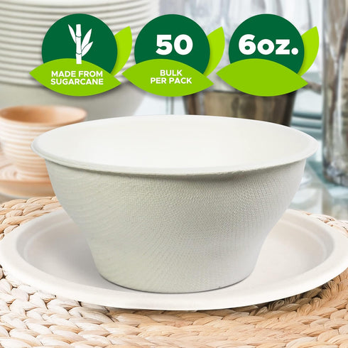 PAMI Biodegradable Sugarcane Bowls, Pack of 50 - 6oz Compostable Microwavable Paper Bowls for Hot & Cold Uses...