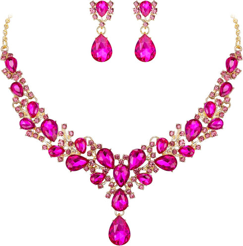 EVER FAITH Austrian Crystal Bridal Bridesmaid Jewelry Set, Elegant Flower Cluster Water Drop Statement Necklace Dangle Earrings Set for Women...