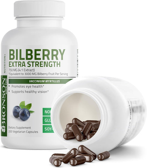 Bronson Bilberry Extra Strength Vaccinium Myrtillus, Promotes Eye Health and Supports Healthy Vision - Non GMO, 200 Vegetarian Capsules...