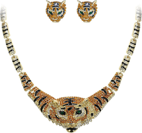 EVER FAITH Austrian Crystal Enamel Big Tiger Head Necklace Stud Earrings Set...