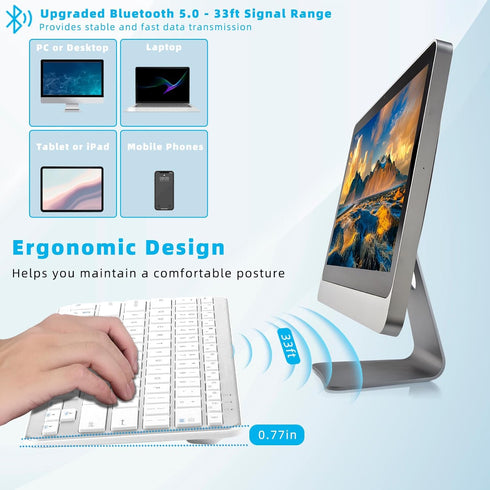 Bluetooth Keyboard, Ultra-Slim Wireless Keyboard for iPad, Rechargeable Ergonomic Computer Keyboard for iOS, Android, Windows PC Tablets Phone, Wh...