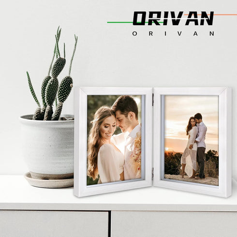 Double 5x7 Picture Frame Hinged Frame Vertical MDF Wood Photo Frames with Glass Front (White)...