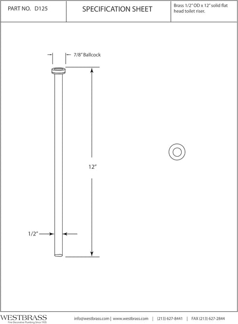 Westbrass D125-62 1/2" x 12" Brass Flat Head Toilet Riser Supply Line, 1-Pack, Matte Black...