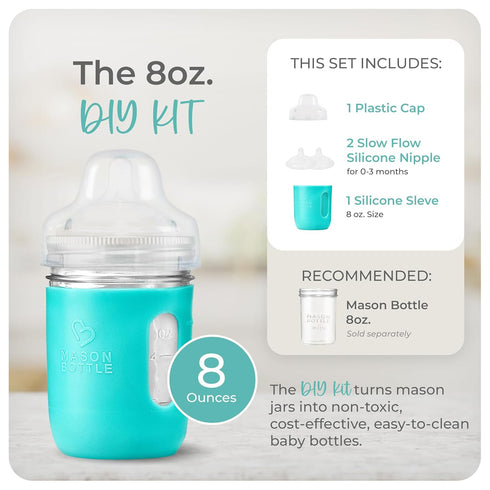 Mason Bottle Glass Baby Bottle DIY Kit – Fits 8oz Mason Jars – Includes 2X Slow Flow Nipples, Silicone Sleeve, and Cap (Ring, Lid, and Jar Not Inc...