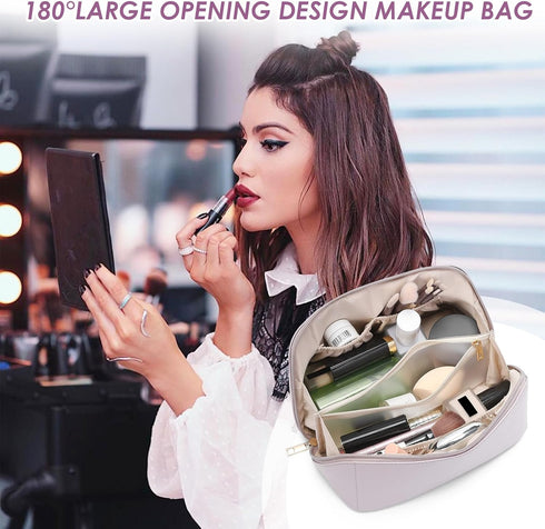 Travel Makeup Bag,Large Capacity Cosmetic Bags for Women,Waterproof Portable Pouch Open Flat Toiletry Bag Make up Organizer with Divider and Handl...