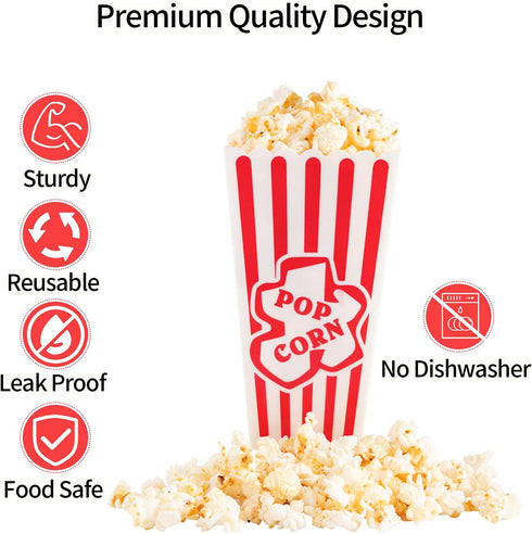 Plastic Popcorn Containers Red & White Striped Retro Style Reusable Popcorn Boxes for Movie Night 4”x8” (4 Pack)...
