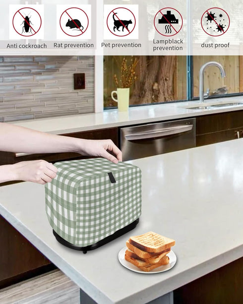 Sage Green Buffalo Plaid Toaster Cover 2 Slice, Small Kitchen Appliance Covers, Farmhouse Green White Checkered Toaster Oven Cover with Loop, Brea...