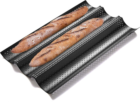 KITESSENSU Nonstick Baguette Pans for French Bread Baking, Perforated 3 Loaves Baguettes Bakery Tray, 15" x 9", Black...