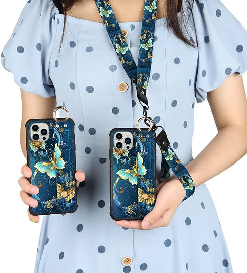 KANGHAR Compatible with iPhone 13 PRO MAX Case Blue Butterfly Shell Wrist Strap Lanyard Cover for iPhone 13 PRO MAX 6.7 INCH 2021 5G...
