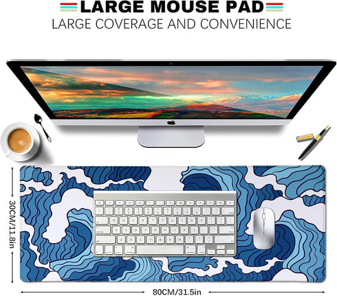 Japanese Blue and White Wave Gaming Mouse Pad XL - Non Slip Rubber Base Large Mousepad - Waterproof Stitched Edges Desk Pad, Extended Mice Pad, 31...
