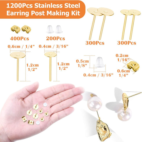Earring Posts Stainless Steel, Flasoo 1200Pcs Hypoallergenic Earrings Posts and Backs, Gold Flat Pad Ear Ring Studs with Clutch for Earring Making...