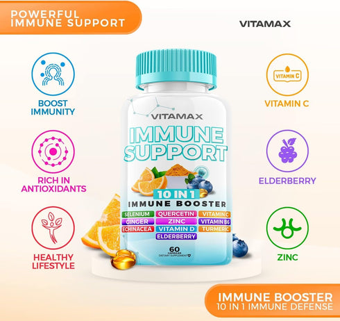 10-in-1 Immune System Support Booster with Elderberry, D3, Selenium, Quercetin, Zinc, Vitamin C, Ginger, Turmeric Curcumin, B6, Echinacea – Natura...