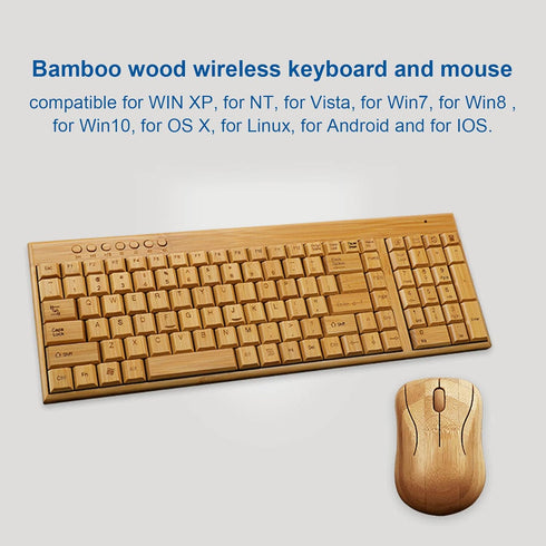 Bamboo Keyboard and Mouse, 2.4GHz Computer Devices with USB Receiver, Optional 1200DPI MouseCompact KeyboardWireless Keyboard and Mouse Combo (Mou...