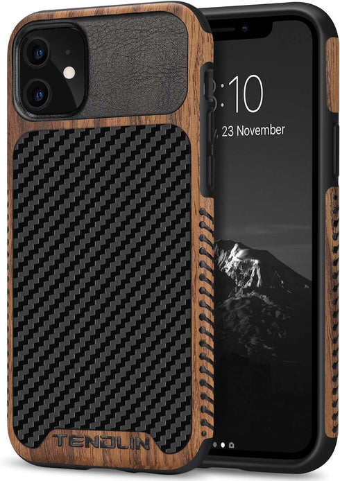 TENDLIN Compatible with iPhone 11 Case Wood Grain with Carbon Fiber Texture Design Leather Hybrid Case Black...