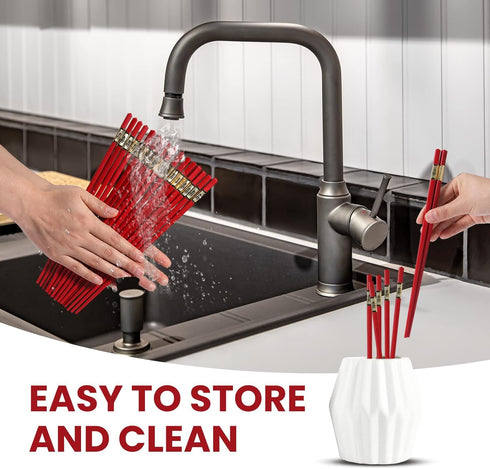 EORTA 10 Pairs Red Fiberglass Chopsticks 24 CM Reusable Dishwasher Safe Chinese Chopsticks Chinese Luck Words Printed Food Serving Tools, Happines...